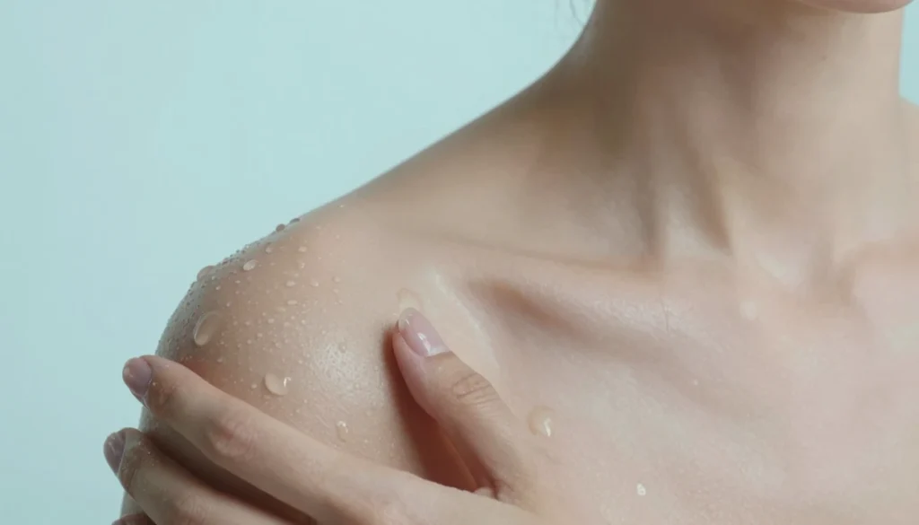Gros plan sur une peau humide avec gouttelettes, illustration clinique pour l hyperhidrose