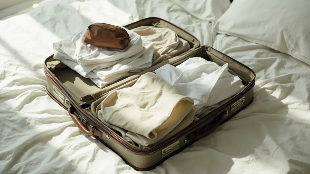 Valise ouverte et trousse de toilette prêtes pour voyager avec une hyperhidrose