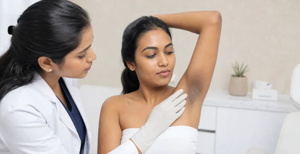 Dermatologist examining underarm hyperpigmentation during a respectful skin consultation in a modern clinic.