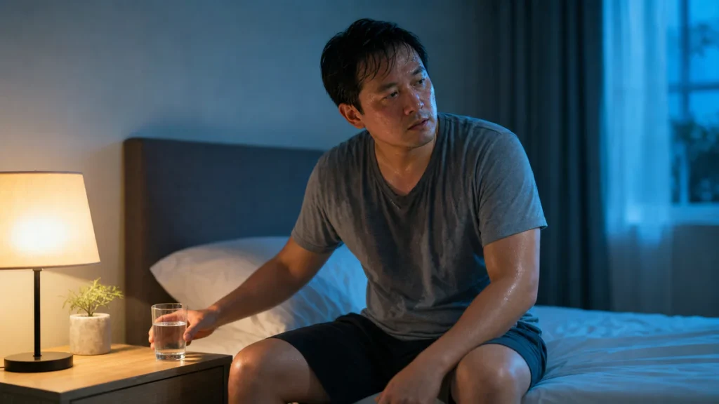 Personne assise au bord d’un lit la nuit, visiblement en sueur, dans une scène sobre évoquant le lien entre alcool, sueurs no