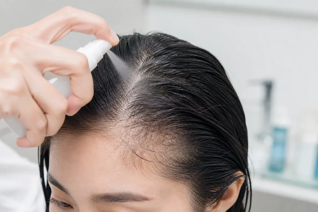 Person applying a scalp care spray to a visible hair part in a clean clinical setting.