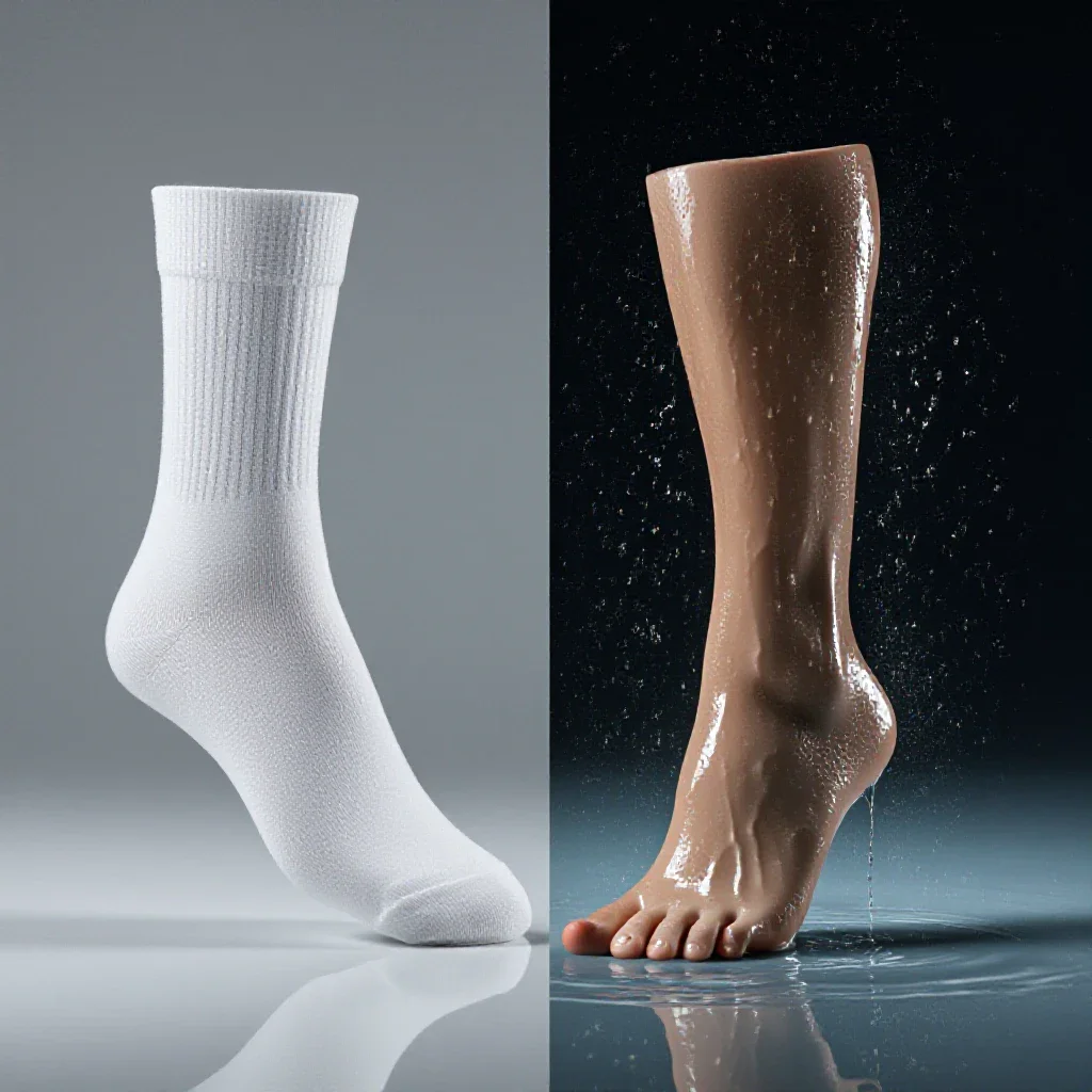 A split composition showing a dry white cotton sock on the left and the same sock heavily saturated with water on the right,