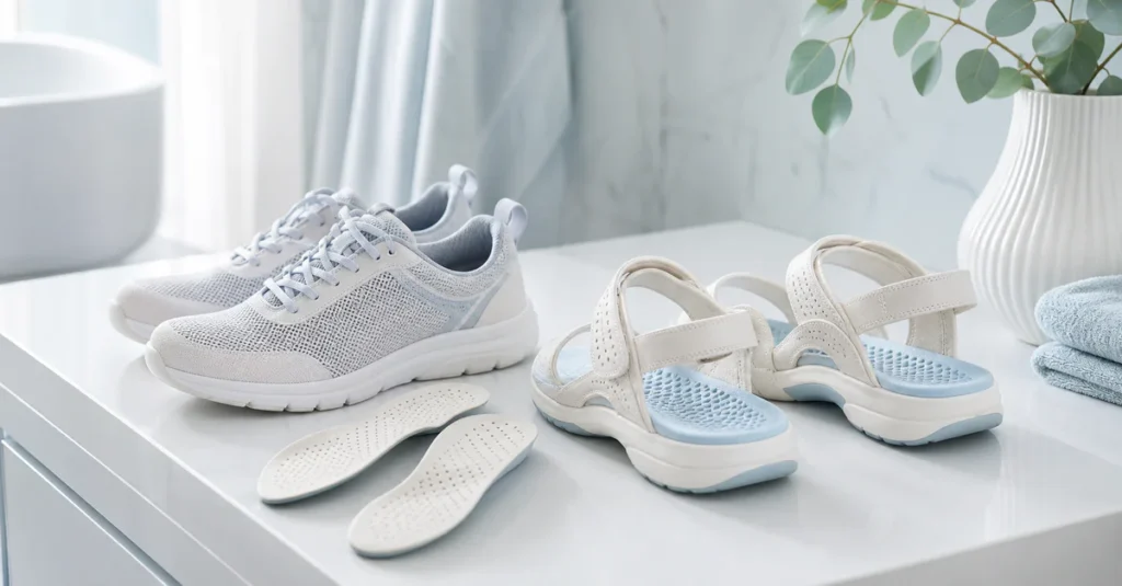 Chaussures pour femme respirantes avec semelles aérées dans une composition claire et moderne évoquant le confort des pieds a