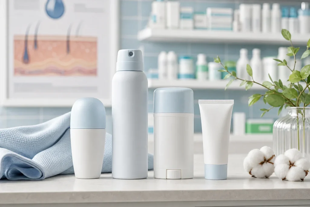Produits déodorants non marqués disposés dans un environnement de pharmacie propre et rassurant, évoquant le choix d’un déodo