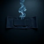 A dark gray neoprene waist trainer resting on a black gym surface, with delicate wisps of steam rising from it, symbolizing t