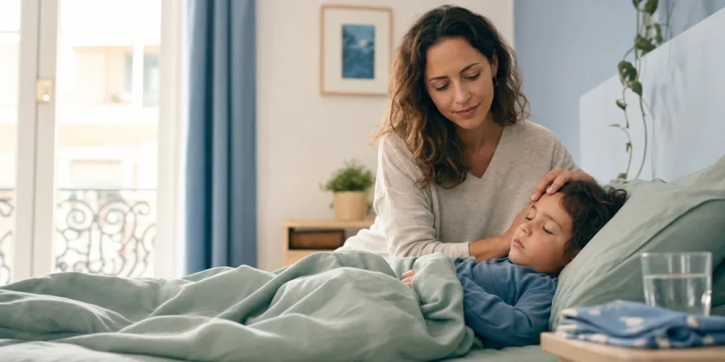 Un parent vérifie doucement le front d'un enfant en sueur dans une chambre calme et lumineuse.