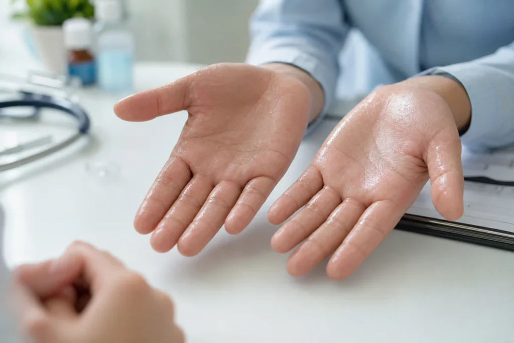 Gros plan de mains ouvertes légèrement humides dans un environnement médical sobre, illustrant l’hypersudation des mains.