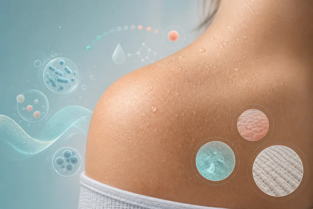 Illustration abstraite d'une peau humaine avec sueur, microbiote cutané et variations de pH symbolisant les causes possibles