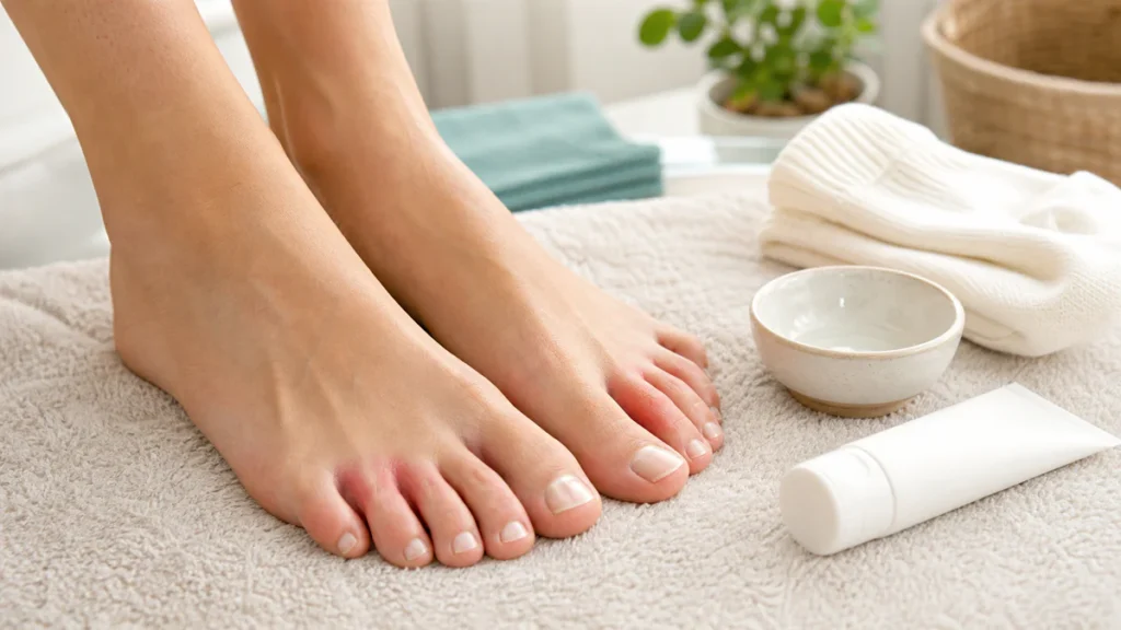 Pieds nus sur une serviette claire avec des soins dermatologiques, illustrant une irritation liée à la transpiration des pied