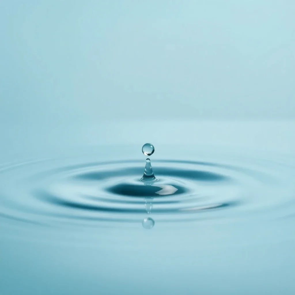 Abstract minimalist image of a single water droplet creating ripples on a calm blue surface, symbolizing the impact of excess