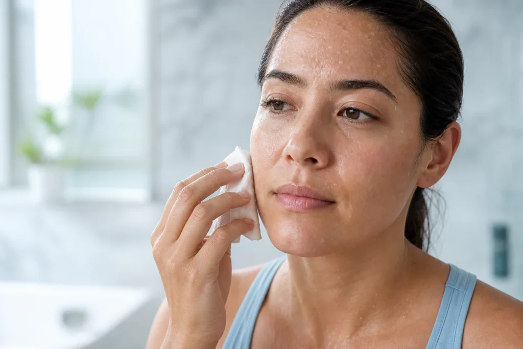 Person with subtle sweat on the forehead in a clean wellness setting, representing facial perspiration and daily solutions.