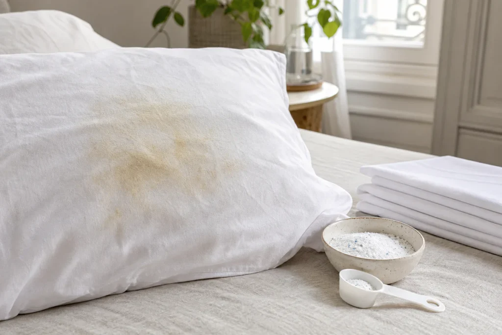 A white pillowcase with yellow perspiration stains shown beside fresh folded linens in a clean bedroom laundry setting.