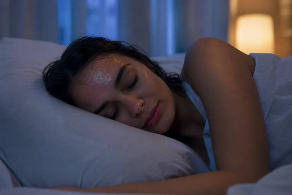 Personne dormant la nuit avec le front et les cheveux légèrement humides sur un oreiller, évoquant la transpiration de la têt