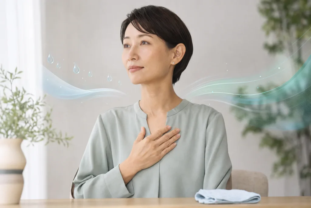 Person calming stress-related sweating in a clean professional setting with abstract droplets fading into soothing lines.