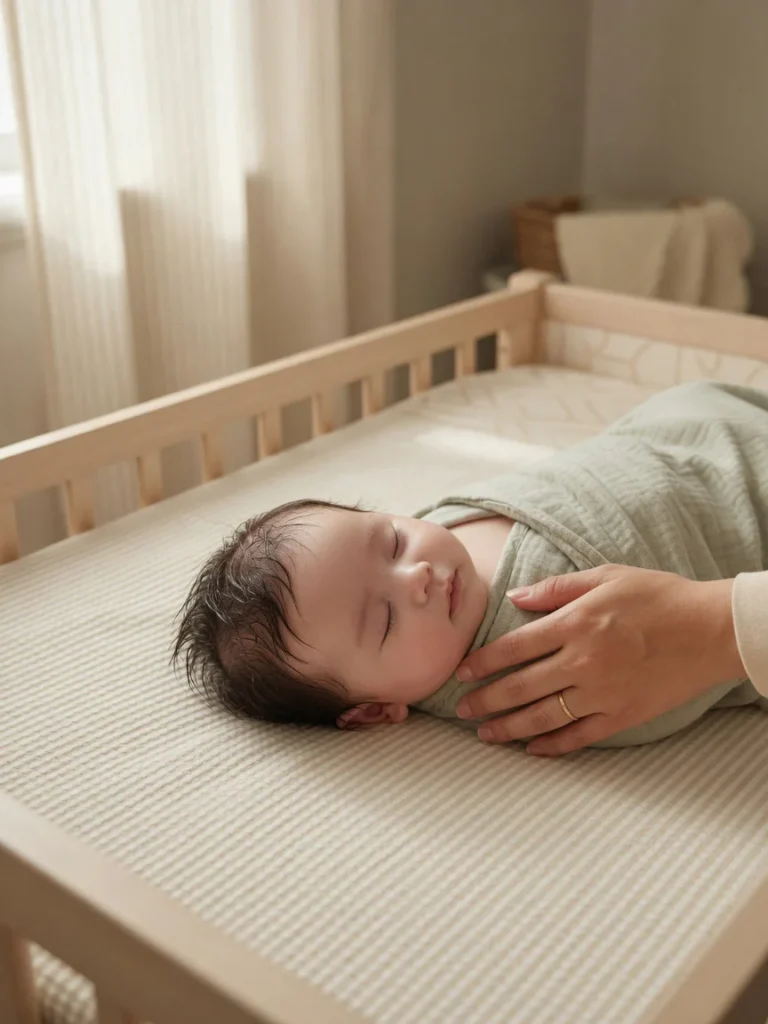 Bébé endormi dans un lit sûr avec les cheveux légèrement humides, tandis qu’un parent vérifie doucement sa température au niv