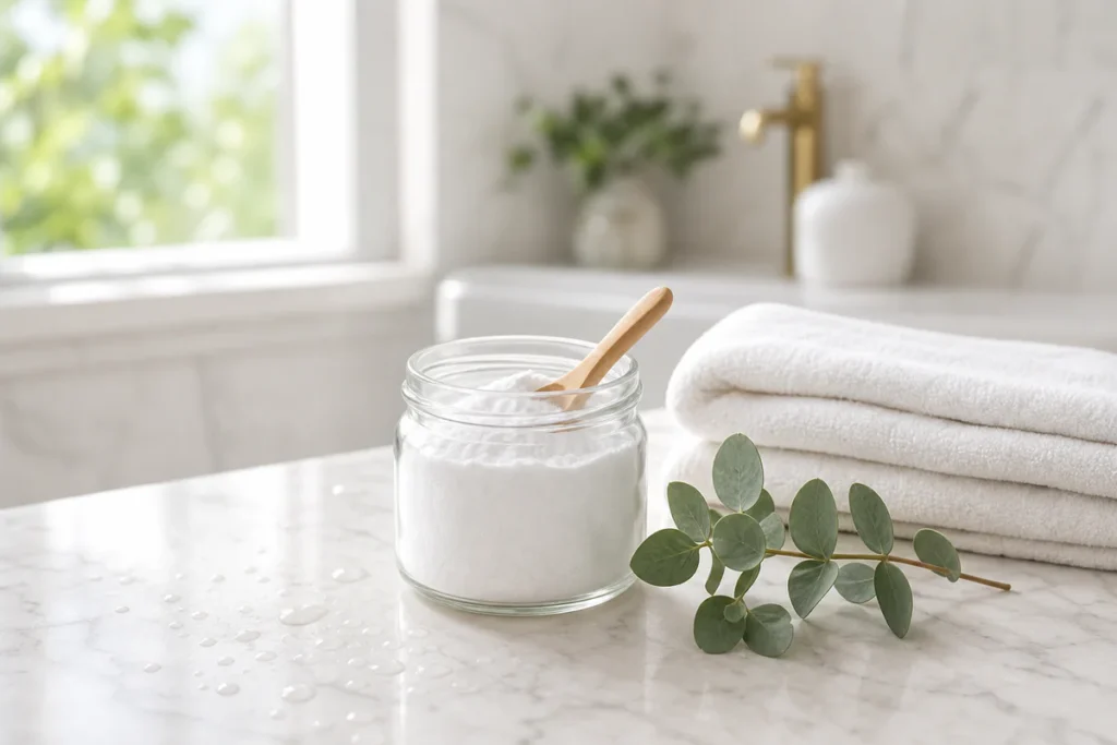 Pot en verre de bicarbonate de soude avec une cuillère en bois sur un plan de toilette en marbre, lumière naturelle douce, am