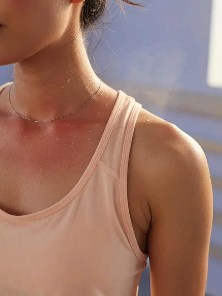 Une personne sportive avec de légères gouttes de sueur sur la peau après l'effort, illustrant le rôle de la transpiration dan
