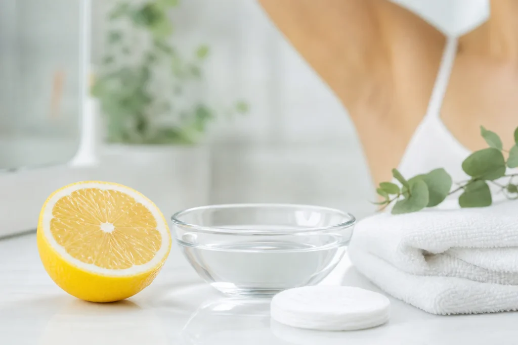 Fresh lemon, cotton pad and skincare items arranged in a clean setting to illustrate cautious use of lemon for underarm odor.