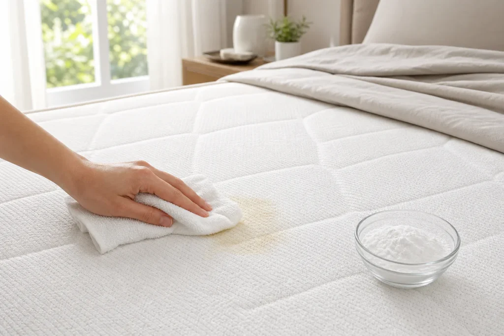 Matelas blanc nettoyé délicatement avec un chiffon pour enlever une auréole jaune de transpiration.