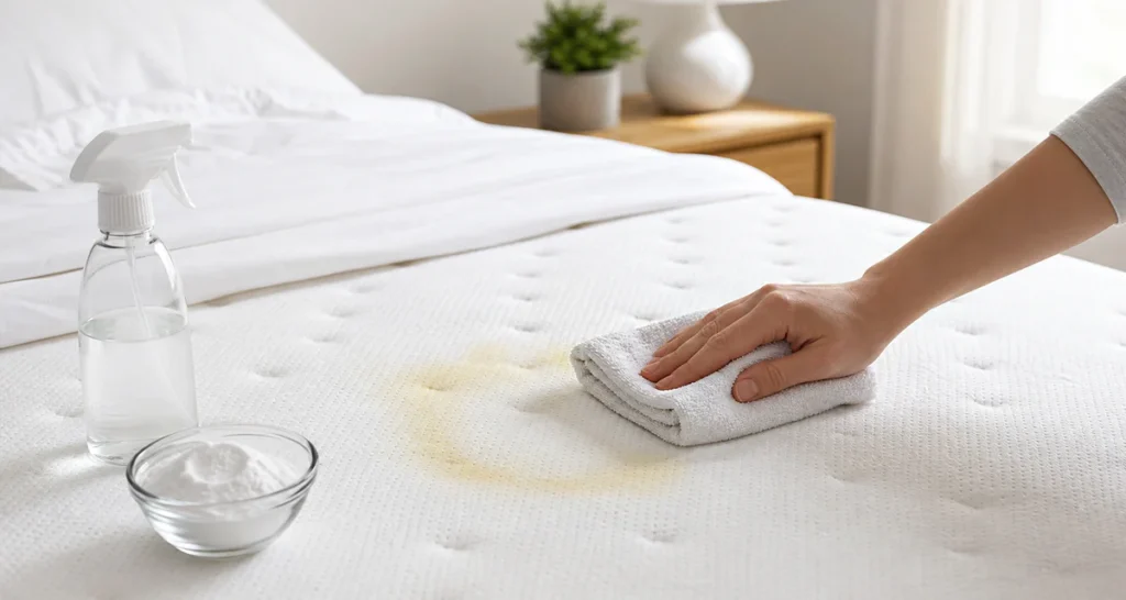 Une main nettoie délicatement une auréole jaunâtre sur un matelas blanc avec un chiffon en microfibre dans une chambre lumine