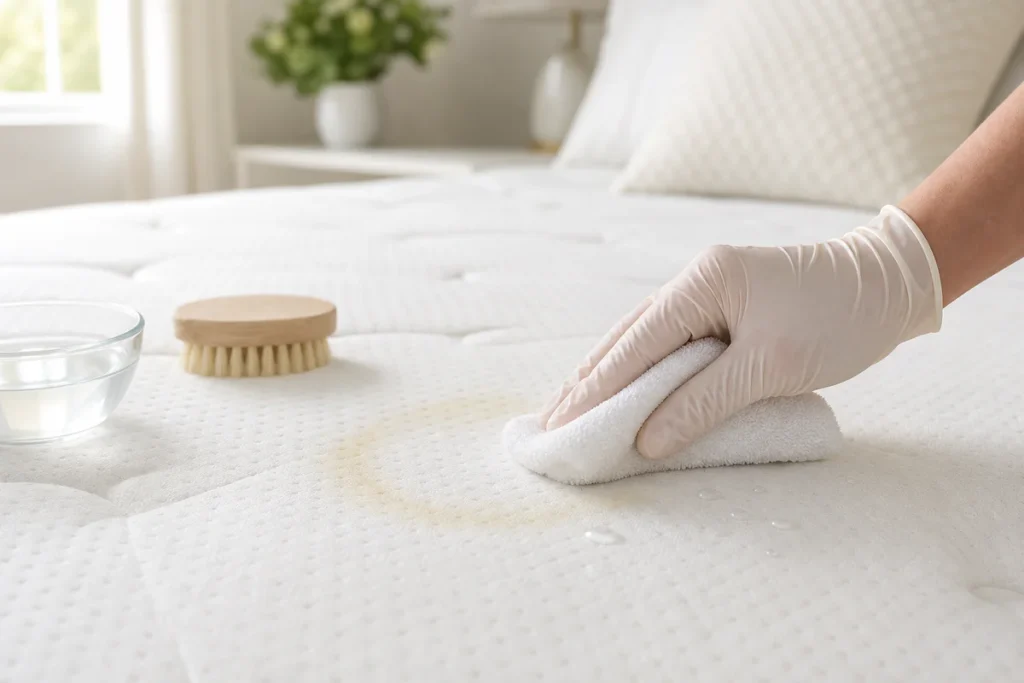A gloved hand gently dabs a pale halo stain on a white mattress with a microfiber cloth in a clean, bright bedroom.