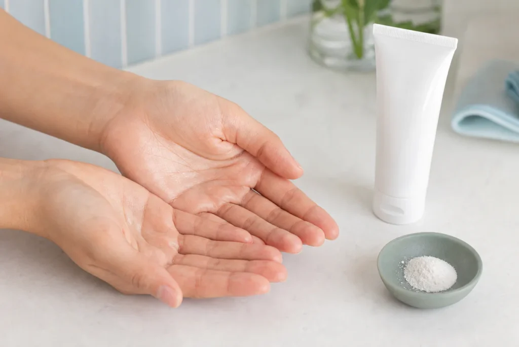 Des mains propres près d'un tube de soin, illustrant le choix d'un produit adapté aux mains moites.