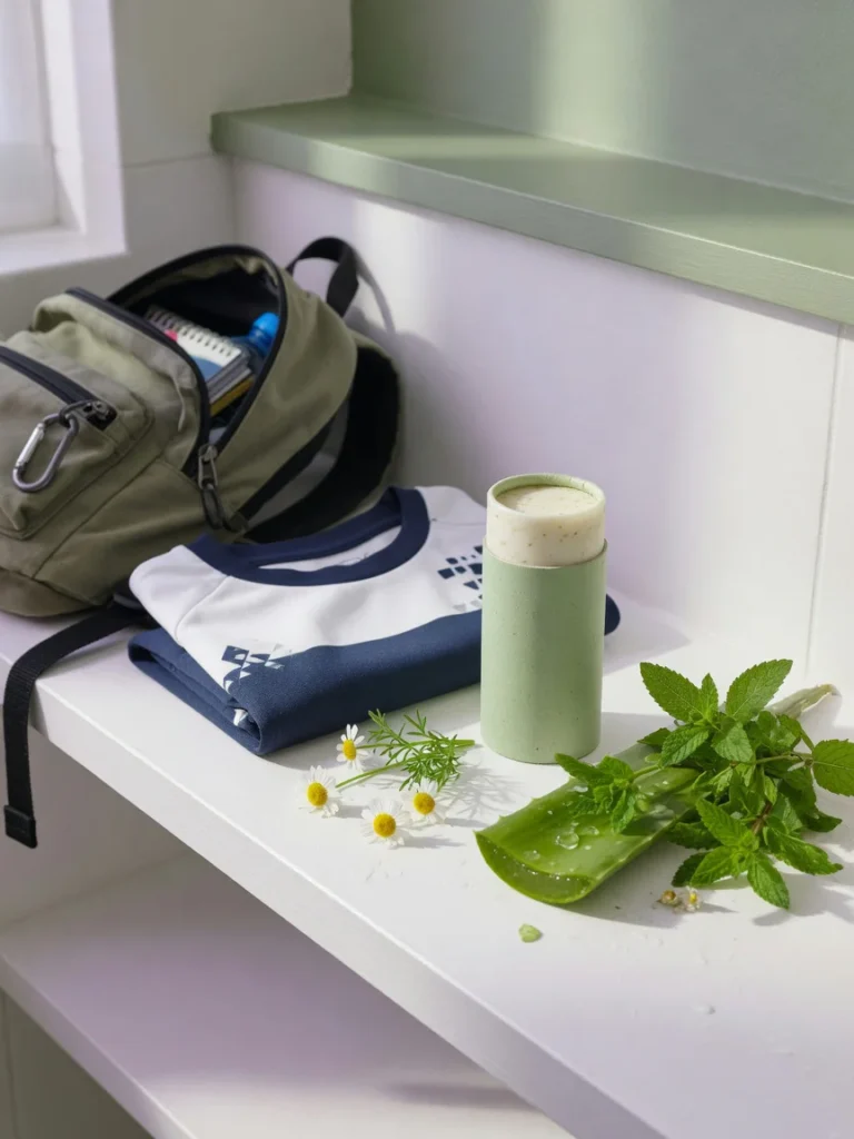 Un déodorant bio posé avec un sac d’école, un tee-shirt de sport et des ingrédients naturels sur une étagère lumineuse.