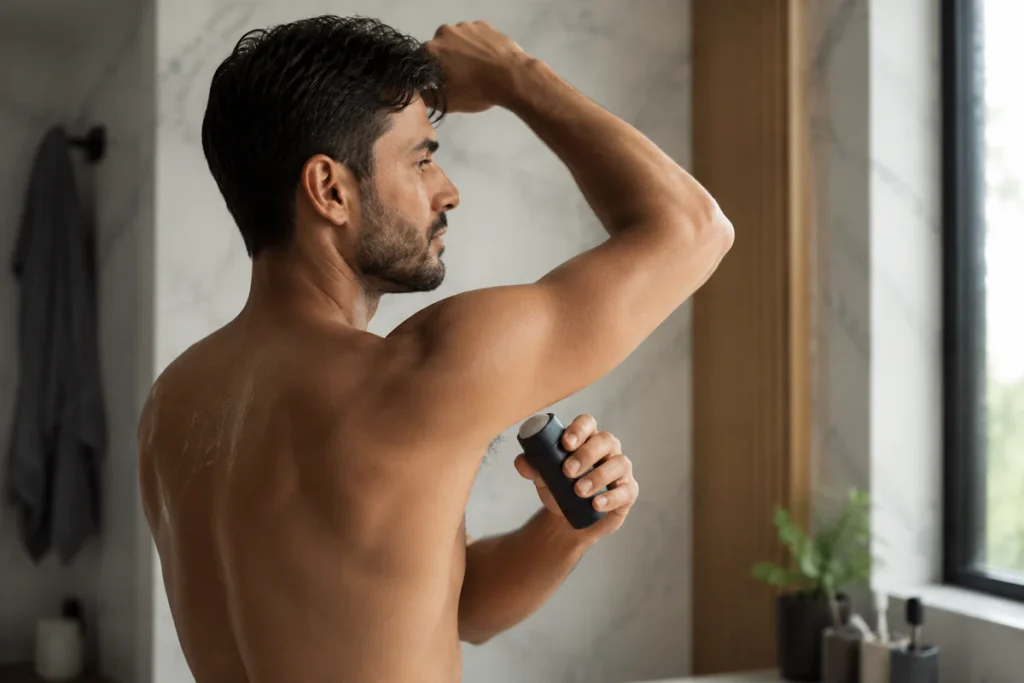 Homme appliquant un déodorant dans une salle de bain moderne et lumineuse, illustrant l'efficacité et la fraîcheur au quotidi