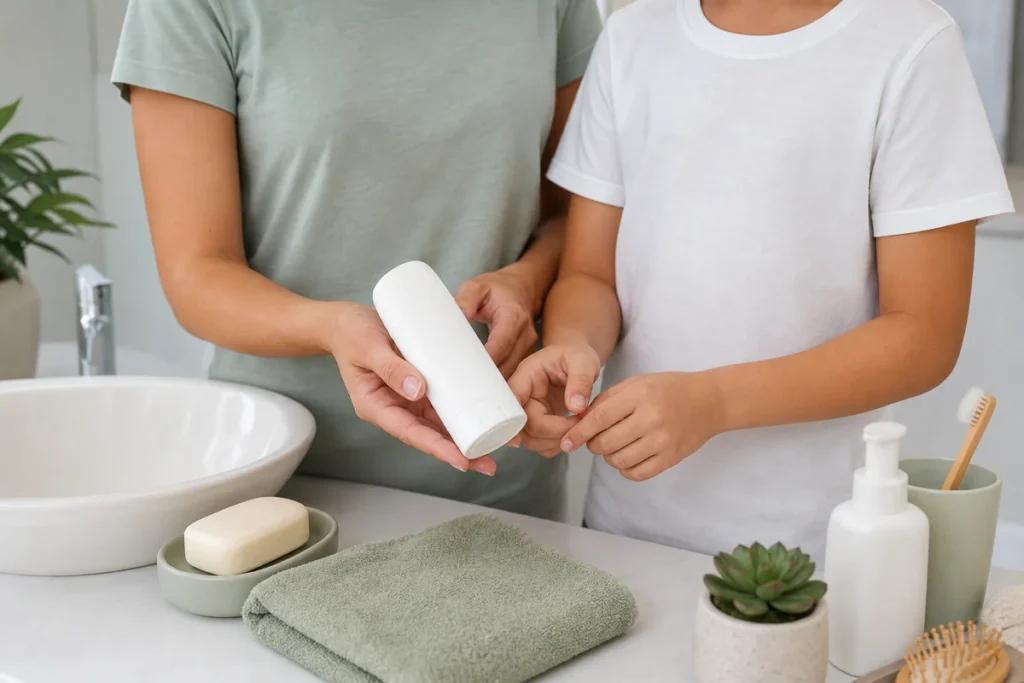 Parent and child choosing a gentle label-free deodorant in a clean bathroom setting.