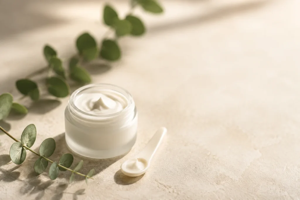 Minimalist skincare still-life with a cream jar, spatula, and eucalyptus sprig on a soft beige surface, evoking gentle deodor