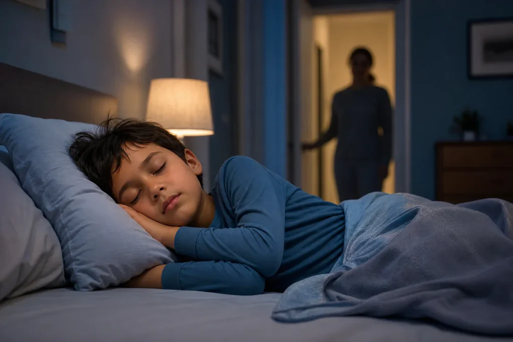 Un enfant dort dans une chambre calme avec une légère transpiration nocturne pendant qu’un parent vérifie discrètement son ét