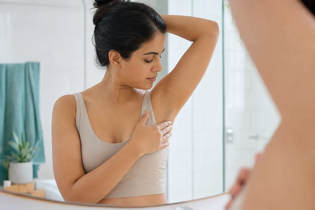 Adult woman gently examining the natural fold near her underarm in a bright, calm wellness setting.