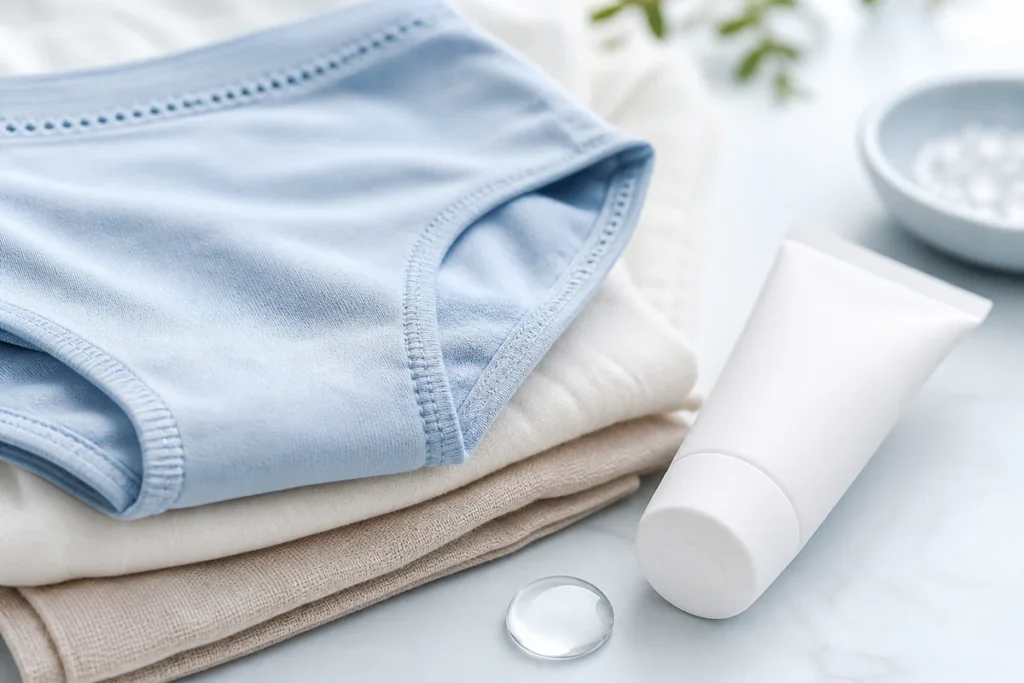 Discreet medical wellness scene with breathable fabric and skin care products representing gentle treatment for excessive swe