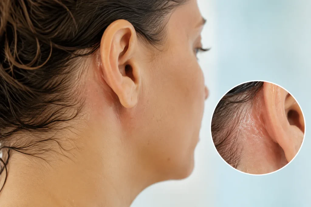 Illustration of a person’s ear with the skin fold behind it subtly highlighted to represent an unpleasant odor caused by mois