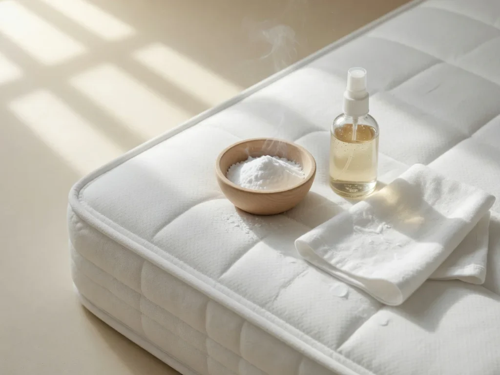 Clean white mattress corner with baking soda, a spray bottle of diluted vinegar, and a folded cloth in soft natural light, sy