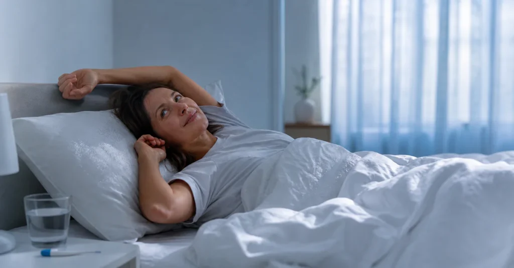 Personne se réveillant dans un lit au petit matin avec des draps légèrement humides, évoquant la transpiration nocturne.