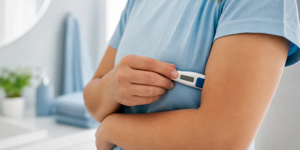 Person taking an armpit temperature with a digital thermometer in a calm healthcare setting.