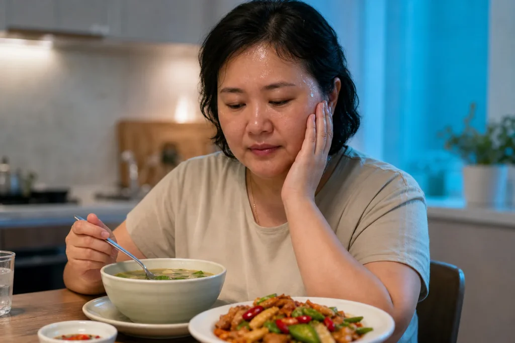 Personne à table devant un repas chaud avec une légère transpiration visible sur le visage.