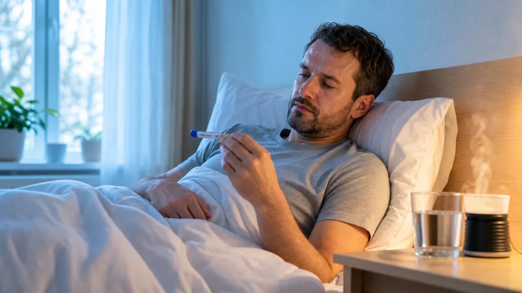 Person resting in bed with mild sweating, water and thermometer nearby, suggesting the balance between heat relief and health