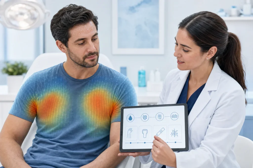 Dermatologist discussing generalized excessive sweating treatment options with a patient in a modern clinic.