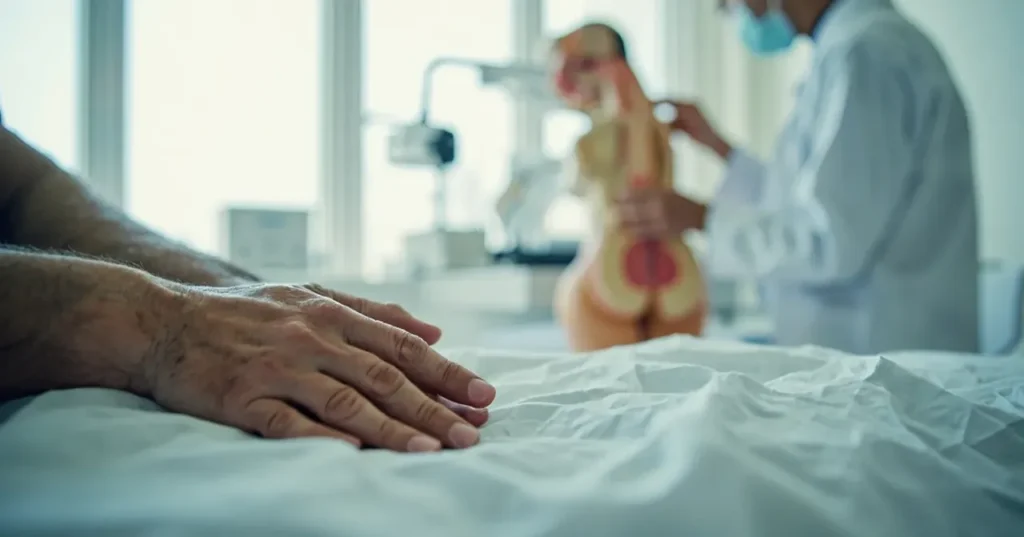Patient assis mains humides, médecin de dos montre modèle thoracique