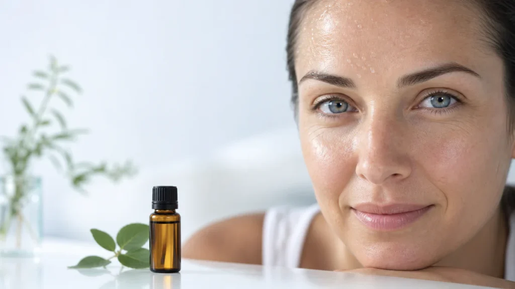 Visage adulte présentant une légère transpiration du front à côté d’une fiole d’huile essentielle, dans une mise en scène pro