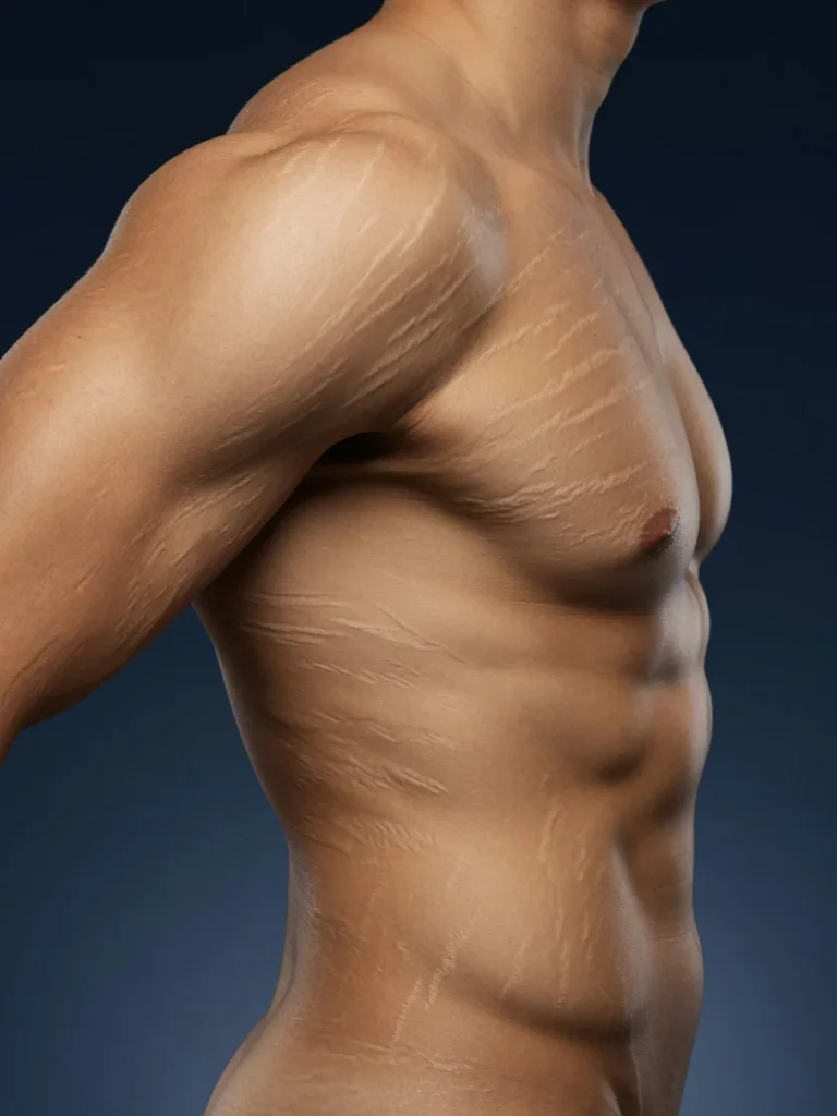 Conceptual editorial image showing a fit athletic male torso in profile against a dark gradient background, with subtle skin