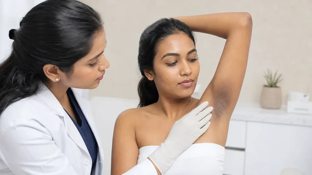 Dermatologist examining underarm hyperpigmentation during a respectful skin consultation in a modern clinic.