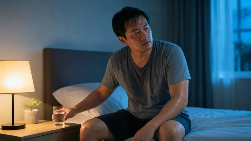 Personne assise au bord d’un lit la nuit, visiblement en sueur, dans une scène sobre évoquant le lien entre alcool, sueurs no