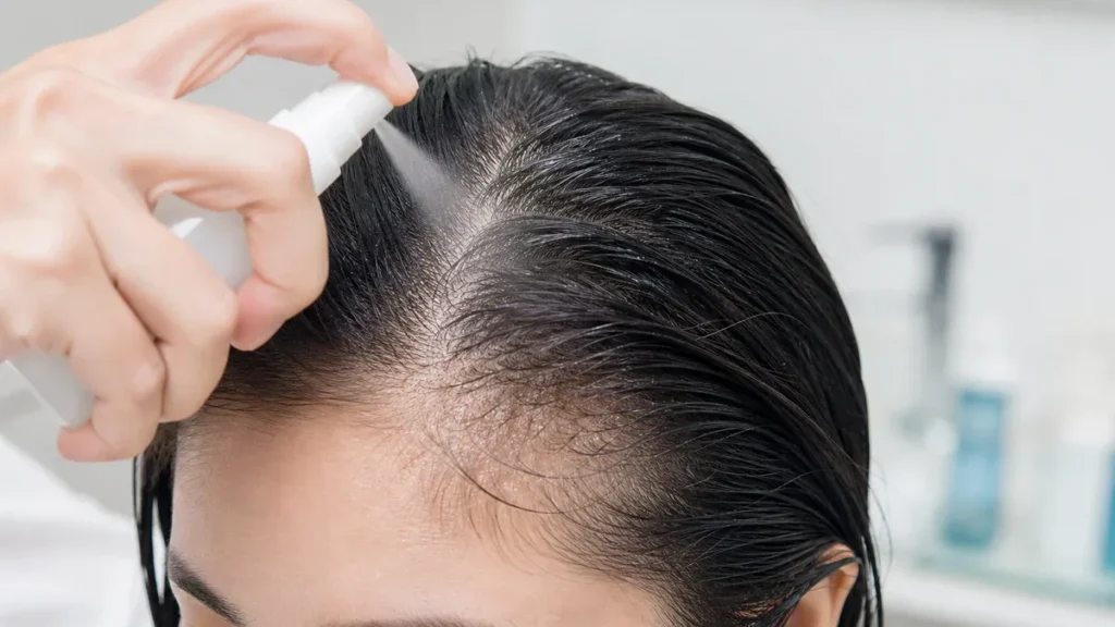 Person applying a scalp care spray to a visible hair part in a clean clinical setting.