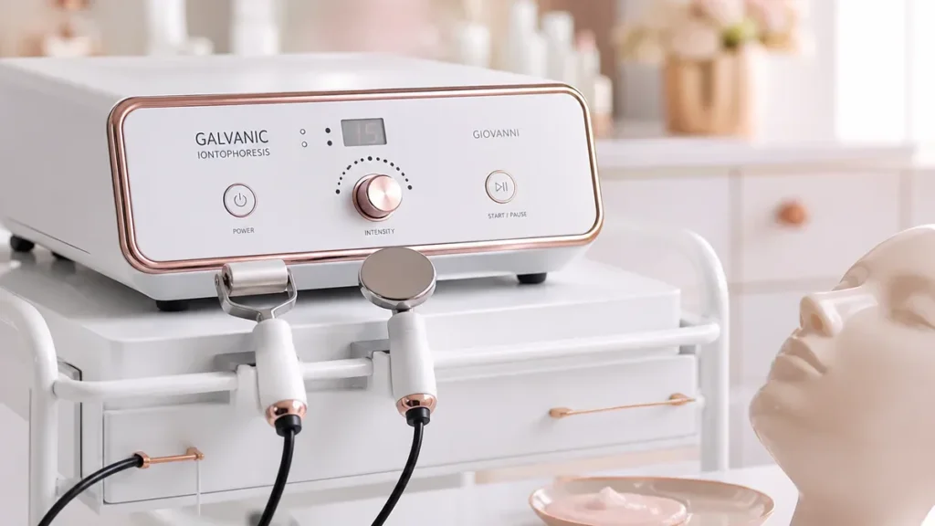 Appareil d'ionophorèse professionnel pour soins esthétiques avec électrodes métallique et plaque, présenté sur un chariot de