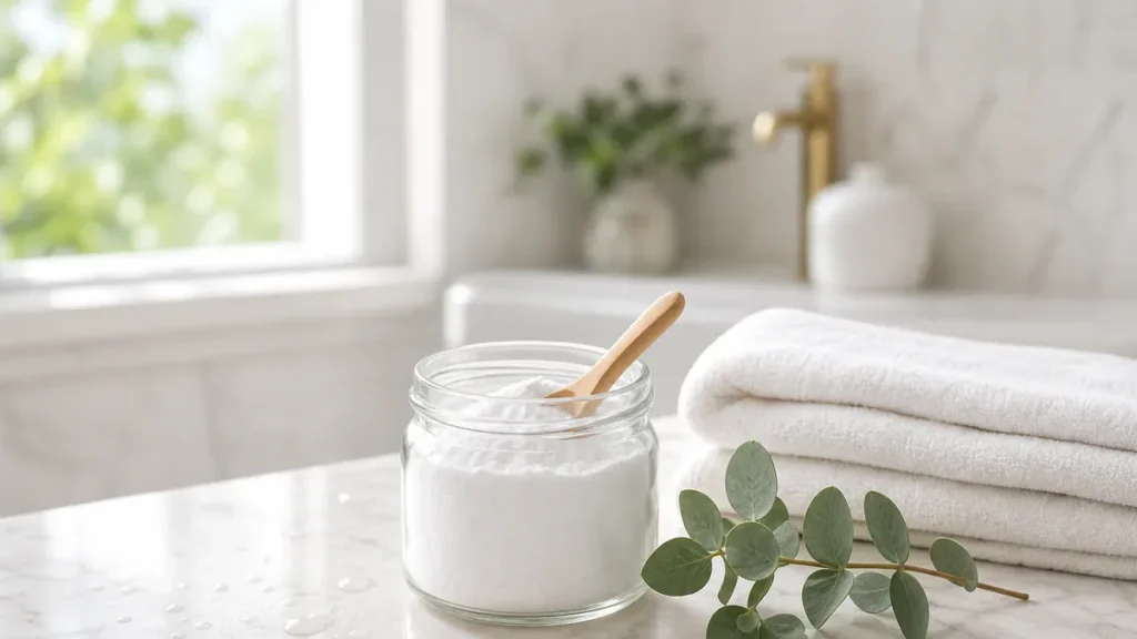 Pot en verre de bicarbonate de soude avec une cuillère en bois sur un plan de toilette en marbre, lumière naturelle douce, am