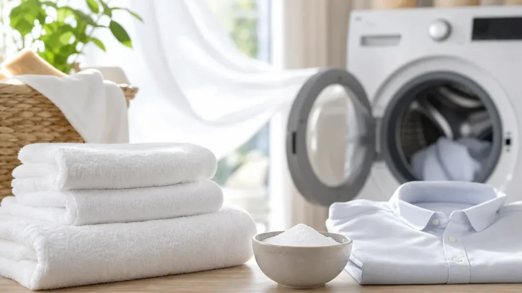 Serviettes et vêtement propres près d’un bol de bicarbonate, avec un lave-linge en arrière-plan