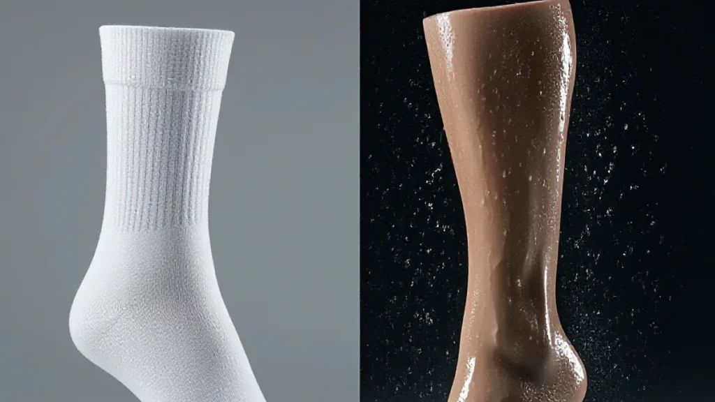 A split composition showing a dry white cotton sock on the left and the same sock heavily saturated with water on the right,